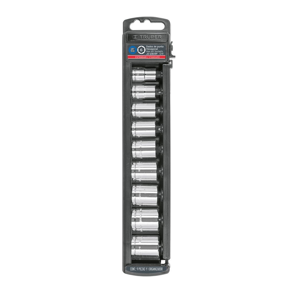 TRUPER Juego de nueve dados cortos, cuadro 3/8"