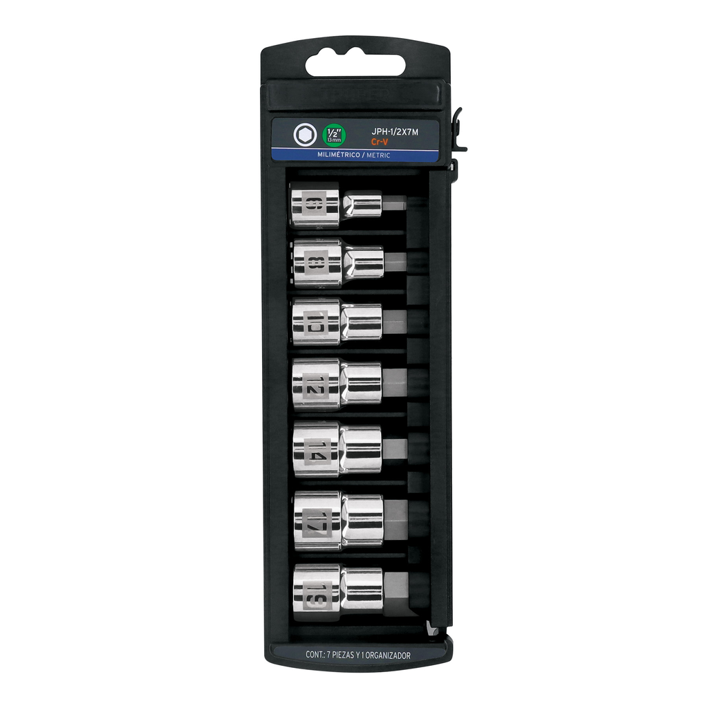 Juego de 7 dados cuadro 1/2" punta hexagonal mm, Truper